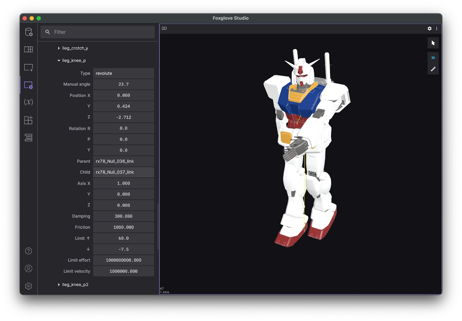 Foxglove's URDF Viewer panel with editable joint positions